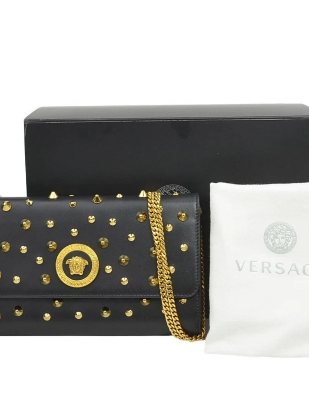 VERSACE Chain Wallet Crossbody Bag Black/Gold Leather/Metal